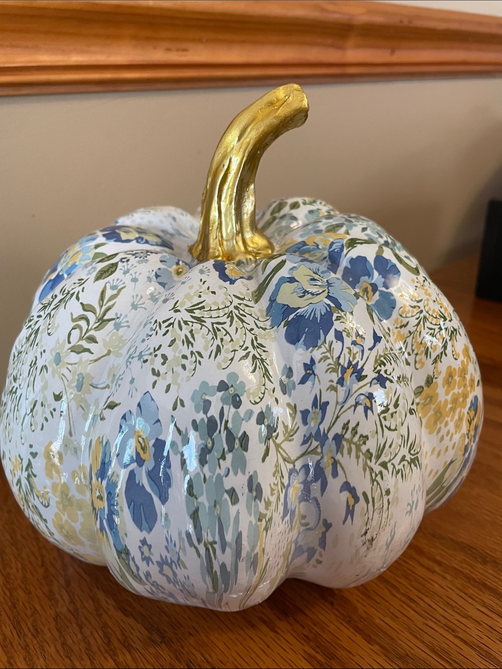 Decorative Floral White & Blue Pumpkin with Gold Stem - Home Accents - Picture 2 of 5